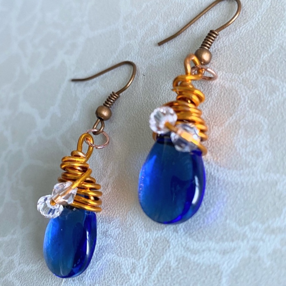 Blue Teardrop Czech Glass Wire-Wrapped Dangle Earrings - Picture 2 of 3